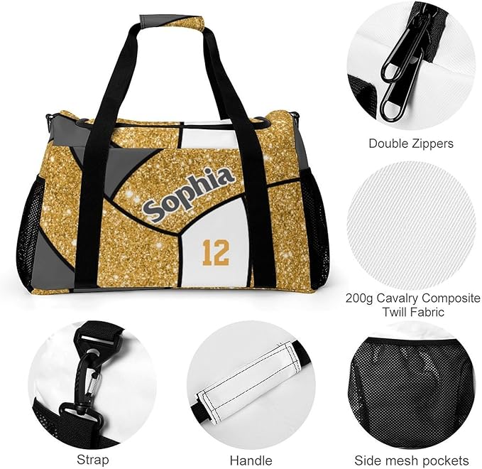 Custom Gold Glitter Print Volleyball Duffel Bag with Name Personalized Travel Bags Sport Gym Bag Carry On Weekender Bags for Men Women