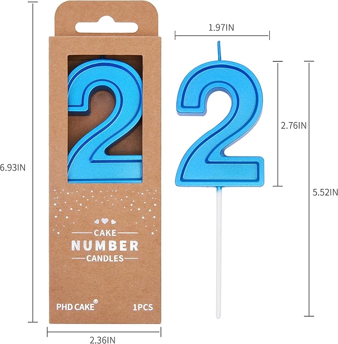 PHD CAKE 2.76 Inch Luxe Blue 2 Number Birthday Candles, Blue Number Candles, Cake Number Candles, Party Celebration
