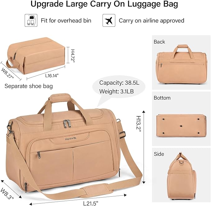 Hanke Carry On luggage Bags for Travel, Large Foldable Duffle Bag for Travel, Softside Lightweight Travel Bag Carry On Bags for Airplanes Women, Travel Tote Bags for Women Men.（Pink）