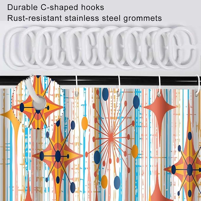Mid Century Shower Curtain, 72x78inch, Modern Abstract Retro Colorful Striped Geometric Shower Curtain Sets 1950s Boho Bathroom Shower Curtain with 12 Hooks