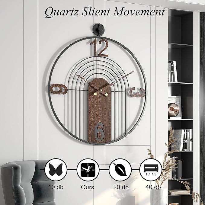 Modern Large Walnut Dial Wall Clock, Wood Metal Frame Silent Non Ticking Wall Clocks Decoration for Living Room, Bedroom, Kitchen, Study, Handmade Home Decor Present Idea, 29.5 Inch