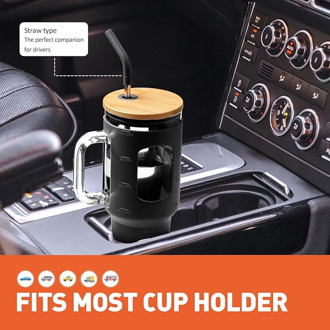 Glass Tumbler with Straw and Lid, 40 oz glass cup with handle, Glass Water Bottles with Time Marker, Silicone Protective Sleeve-Black