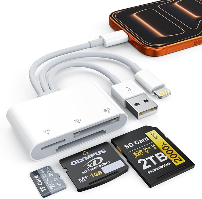 XD Card Reader, SD Memory Card Reader for iPhone, Lightning+USB A+USB C to SD/TF/XD Picture Card Reader 3 in 1 Digital Camera Adapter for iPhone 17/16/15/14/iPad/PC/Android Multi iPhone Reader