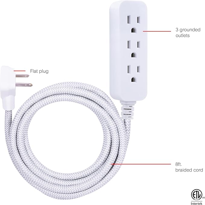 GE 3-Outlet Power Strip Surge Protector 8 Ft Braided Extension Cord with Multiple Outlets Grounded Flat Plug ETL Listed White 38433