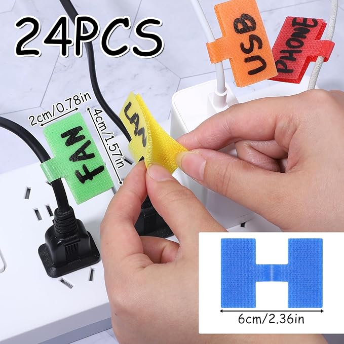 24Pcs Cable Lables, Multi Color Durable Cable Lables Large Size for Organizing Wires and Identification Write On Cord Label Tags for Electronics Self-Adhesive Nylon Label Waterproof Reusable