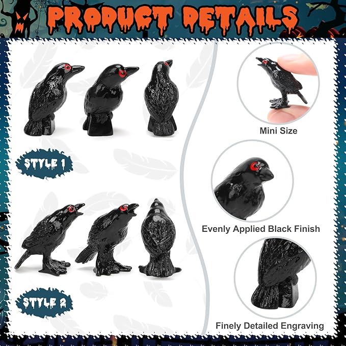 30 PCS Mini Resin Crow Figurines Halloween Decor Black Miniature Crow Gothic Tiny Raven Vase Filler Spooky Bird Ornament DIY Craft Project for Garden Landscape Scene Cupcake Topper Decoration