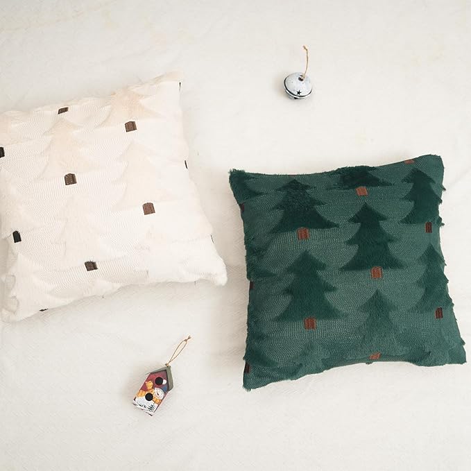 GEEORY Christmas Pillow Covers 20x20 Inch Set of 2, Christmas Decorations Xmas Tree Soft Plush Fluffy Faux Fur Decorative Throw Pillows Farmhouse Winter Cushion Case Green Brown GC033-20