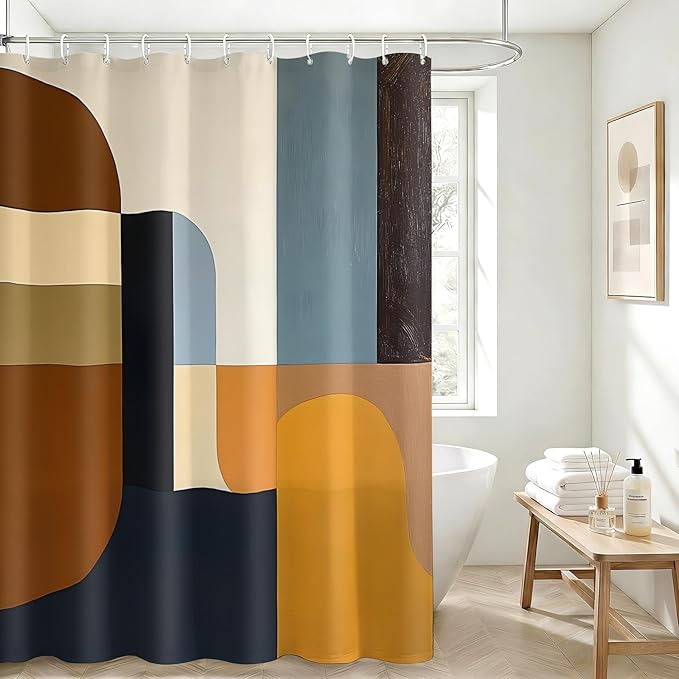 Brown Mid Century Shower Curtain, Abstract Geometric Modern Pattern, Navy Blue and Yellow Boho Bathroom Decor, Retro Art Waterproof Fabric Bath with Hooks, 67x70 Inch