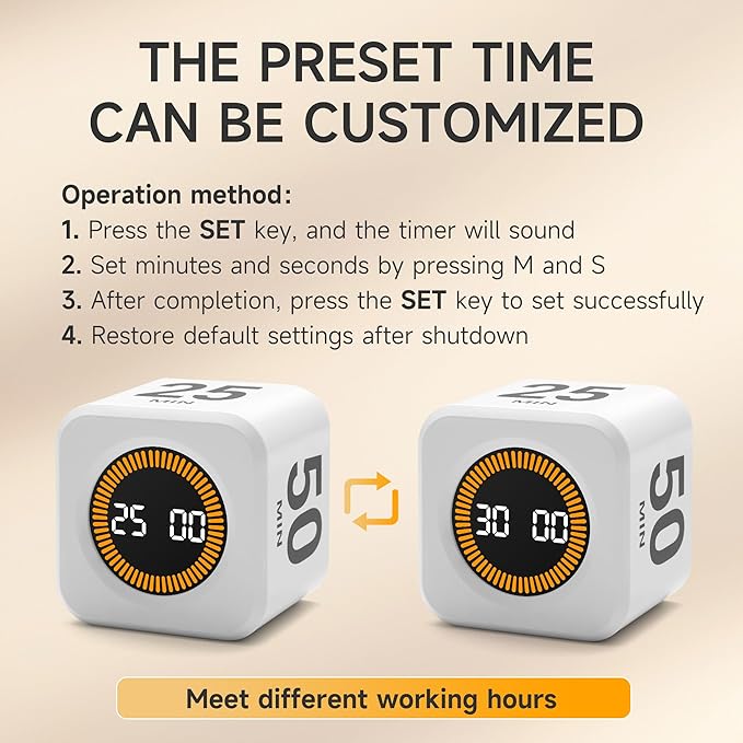 Exlliy Rotating Productivity Timer 5, 25, 10, 50 Minutes Preset, Desk Cube w/Gravity Sensor for ADHD, Mute Functions, Ideal for Work, Study, Kitchen, Back to School (1, White)