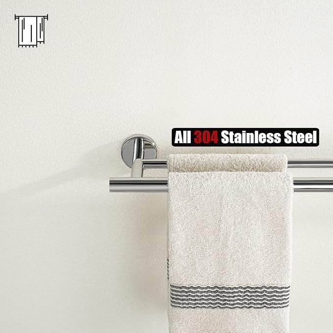 JQK Chrome Towel Bar, 27 Inch 304 Stainless Steel Thicken 0.8mm Double Bath Towel Rack for Bathroom, Towel Holder Polished Chrome Wall Mount, Useable Length 24 Inch 2 Pack, TB100L24-CH-P2