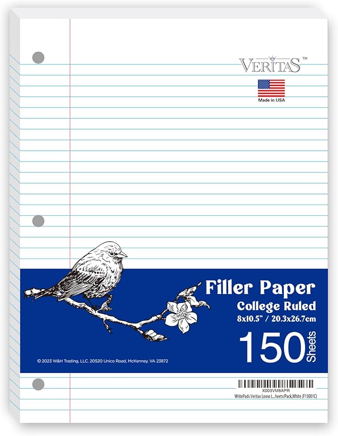 WritePads Notebook Paper College Ruled Loose Leaf Paper, Standard 8"x10-1/2",3 Hole Punched Binder Paper For 3 Ring Binder,150 Sheets/Pack, 4 Pack, White, MADE IN USA