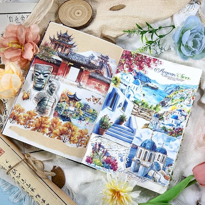 Dwpetzo Travel Scenery Scrapbook Stickers for Scrapbooking, Precut Landmark PET Washi Sticker Book for Journaling, Junk Journals Supplies, Planner, Crafts Arts, A5, 20 Sheets