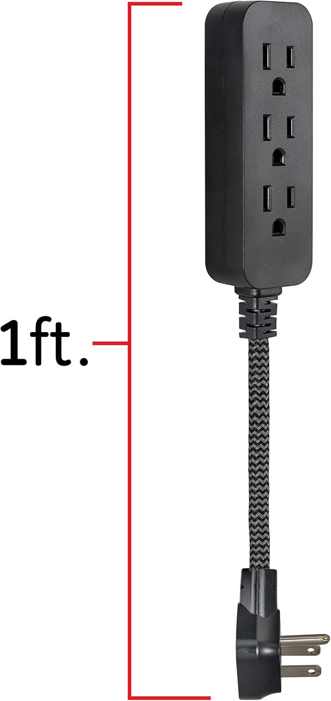 GE 3-Outlet Power Strip Mini Extension Cord with Multiple Outlets 5 Inch Braided Short Cord Extension Cord Grounded Flat Plug Extension Cord ETL Listed 2 Pack Black 53240