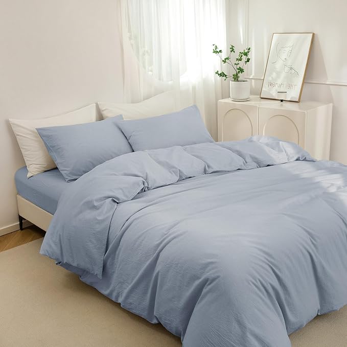 JIYUAN 100% Washed Cotton Duvet Cover Set 3 PCS Oversized Queen, 1 Duvet Cover 98"x98" (Comforter Not Included) and 2 Pillowcases,Linen Feel Bedding Set Comfy and Breathable, Heathered Light Blue