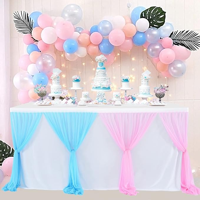 Pink and Blue Table Skirt Gender Reveal Tutu Table Skirt for Rectangle Tables 6ft Birthday Party Baby Shower Gender Reveal Party Decorations