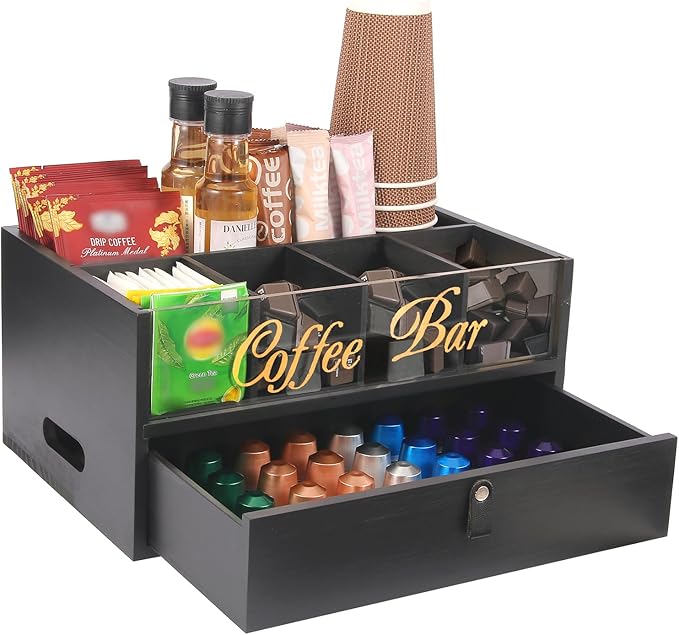 Intarsio 2-Tier Coffee Bar Organizer with Clear Acrylic Top, Built-in Drawer and Leather Handle Pull for Countertop, Stylish Coffee Station Storage Box for Accessories, Pods, Great Gifts for Home