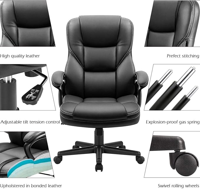Furmax Office Executive Chair High Back Adjustable Managerial Home Desk Chair, Swivel Computer PU Leather Chair with Lumbar Support (2, Black)