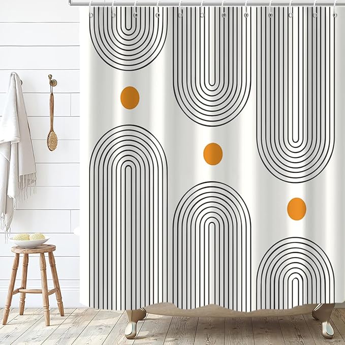 Boho Mid Century Extra Long Shower Curtain, Modern Abstract Arch Sun Ivory Machine Washable Waterproof Fabric for Bathroom Decor Bathtub with 12 Hooks 72Wx84H