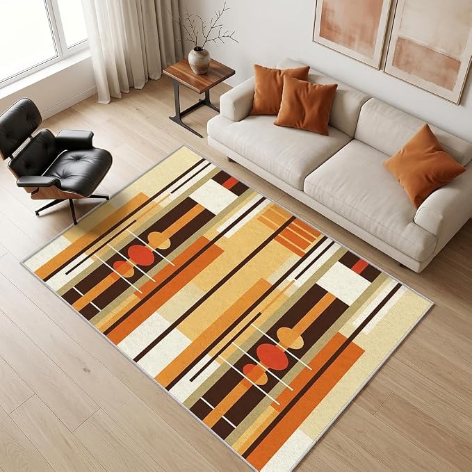 Contemporary Geometric Rug 6x8, Washable Retro Stripe Rugs for Living Room Bedroom, Mid Century Modern Area Rug for Home Decor, Non Slip Backing Floor Carpet with Gripper - 6 x 8 ft