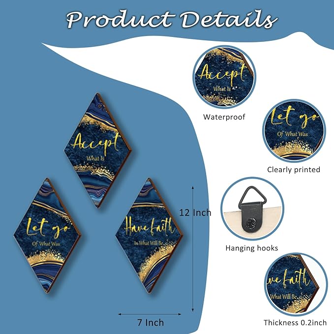 3Pcs Blue And Gold Bathroom Decor Gold Wall Decor with Accept Let Go Have Faith Quote Rustic Vintage Farmhouse Wooden Hanging Signs for Women Home Laundry Living Bedroom(12x7)