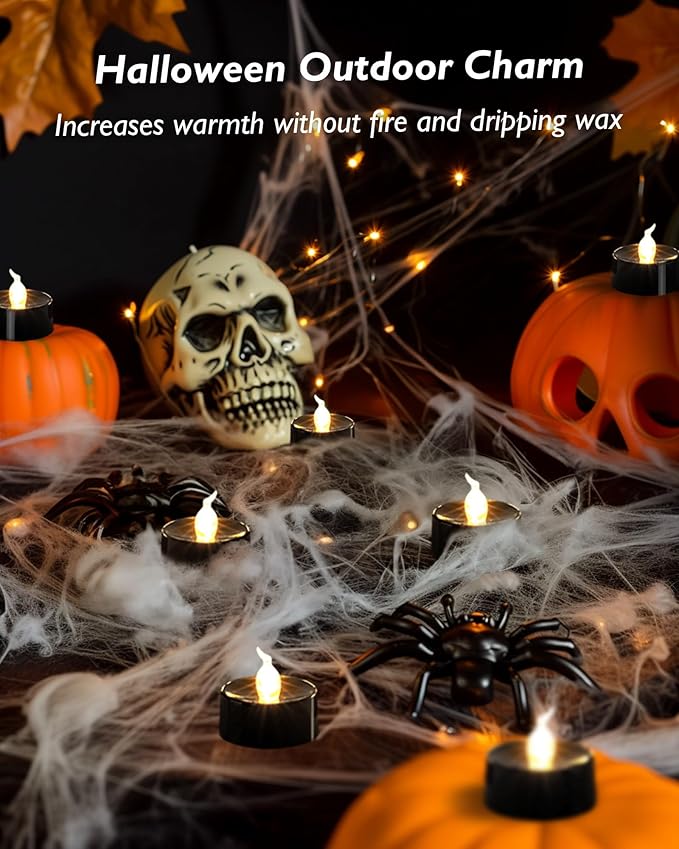Black Candles, 24 Pack Tea Lights Candles Battery Operated, LED Tealight Candle, Flameless Votive Candle for Fall Holiday Decor, Theme Party -1.4" D X 1.3" H