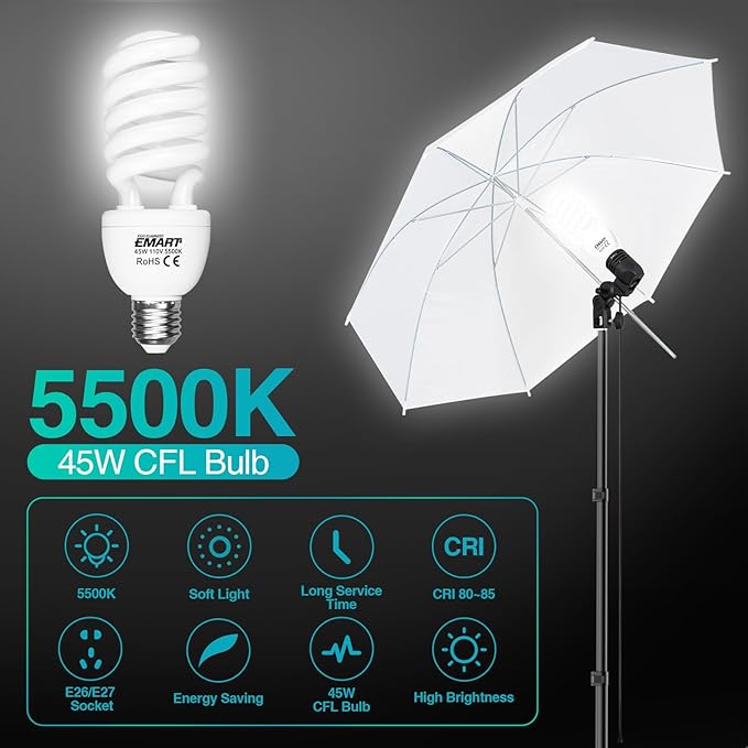 EMART 6.5x10ft Backdrop Support System, Professional Photography Lighting Kit with 45W CFL Blub, Umbrellas, 6x9ft Backdrop(White/Black/Green) for Photography Studio, Portrait, Video Shooting