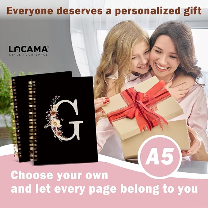 Lacama Black Initial Letter G School Notebook Journal, Cute Wildflower Personalized Spiral Notebook, School Supplies, Customized Monogrammed Gifts, Birthday Gifts for Women, Office Supplies