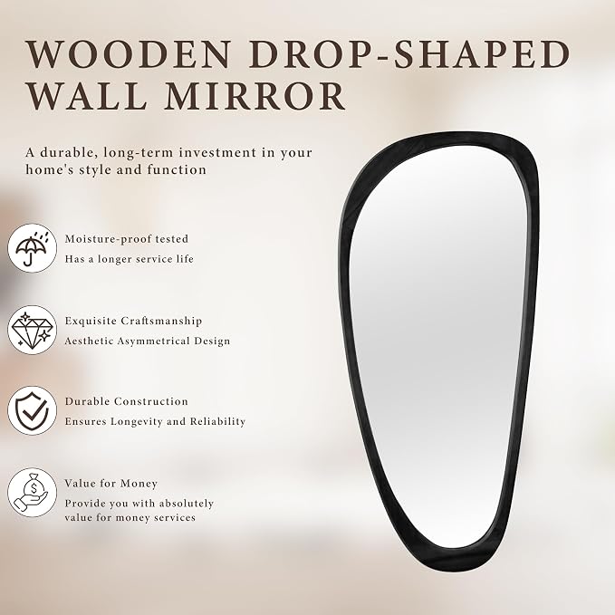 60''x22'' Asymmetrical Mirror with Black Wood Frame, Small Irregular Wavy Wall Mirror, Odd Shaped Mid Century Modern Mirror Decor for Bedroom Living Room Entryway Hall