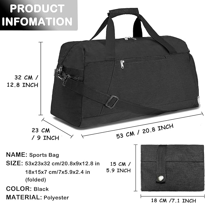 Gym Bags for Women Men with Wet & Shoe Compartment, 40L Foldable Travel Duffle Bag, Lightweight Weekender Overnight Duffel Bag for Traveling Sports Gym (Black)