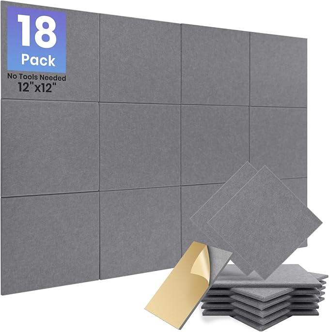 Focusound 18 Pack Sound Proof Panels for Walls, Self-Adhesive Acoustic Panels Sound Absorbing, 12" X 12" X 0.4" High Density Square Soundproof Wall Panels