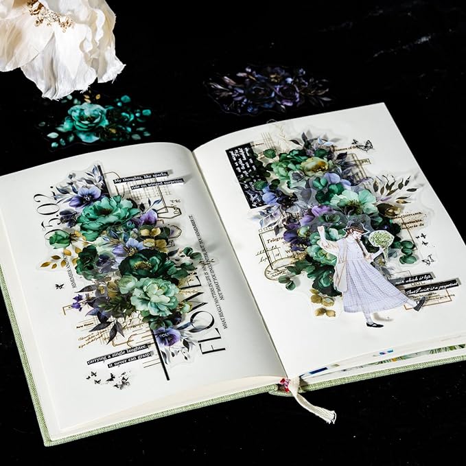 AuriicLeaf Blooming in The Dark Night PET Stickers, 120 Pcs Gothic Dark Floral Stickers for Scrapbooking, Journaling, Collage Supplies, and DIY Crafts