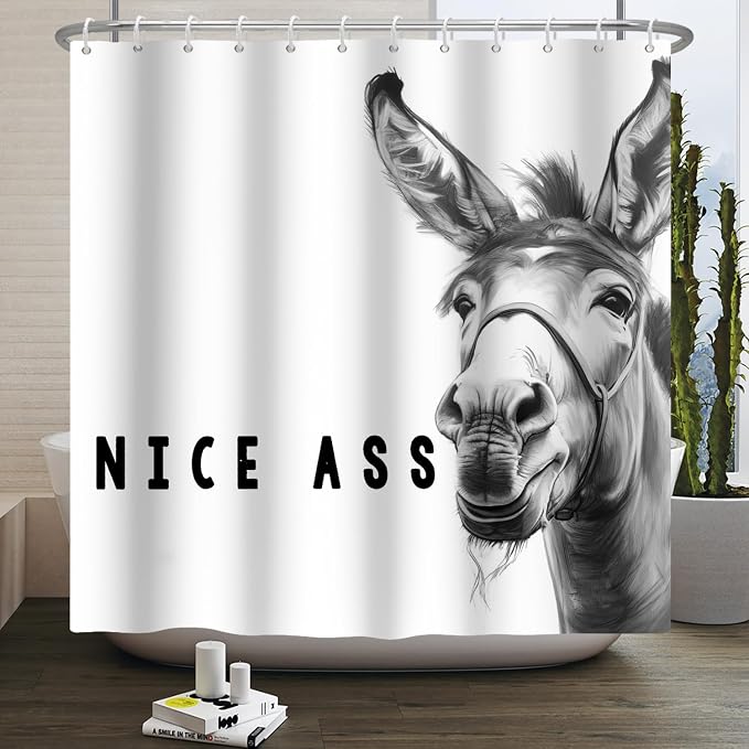 Funny Donkey Shower Curtains Joke Hilarious Animal Bathroom Curtain Rustic Farmhouse Cute Donkey White Shower Curtain Sets for Bathroom Extra Long 60x72 in with 10 Hooks