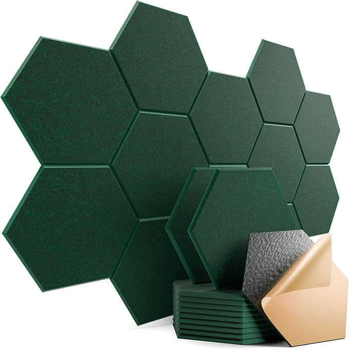 12 Pack Self-Adhesive Acoustic Panels 12" X 10" X 0.4" - Sound Proof Foam Panels with High Density, Stylish Hexagonal Design, Flame Resistant, Absorb Noise and Eliminate Echoes(Ink Green)