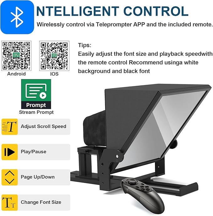20-Inch HD Wide-Angle Teleprompter, Manually Adjustable Height, Compatible with Multiple Devices, Includes Remote Control & Free Teleprompter App