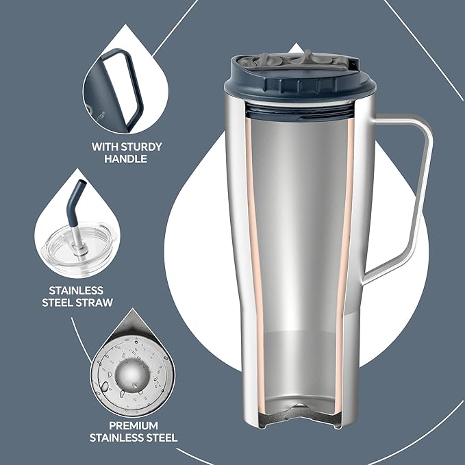 Ideus 32 oz Tumbler with Handle and Straw, Vacuum Insulated Stainless Steel Travel Mug, 100% Leakproof, Cup Holder Friendly, Navy Blue
