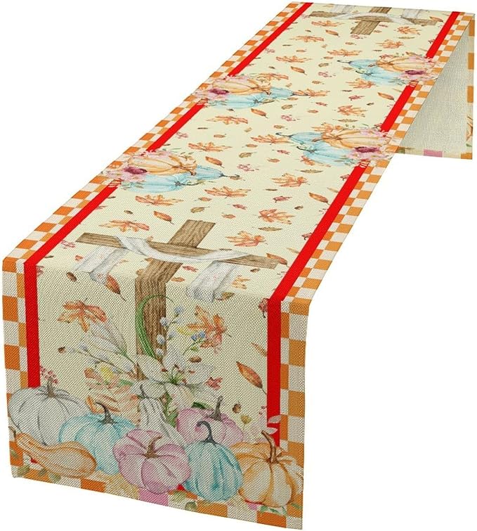 Watercolor Pumpkin Table Runner Fall Flowers Falling Leaves Cross Harvest Season Thanksgiving Rustic Home Decor for Farmhouse Indoor Outdoor Party Holiday Dining Kitchen Restaurant Cafe W13xL72in