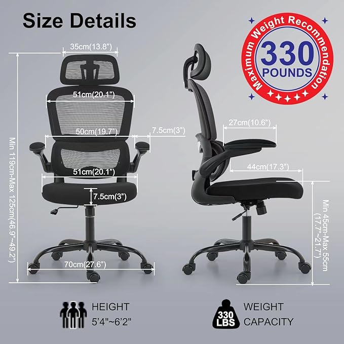 TRALT Office Chair Ergonomic Desk Chair, 330 LBS Home Mesh Office Desk Chairs with Wheels, Comfortable Gaming Chair, High Back Office Chair for Long Hours (Black)