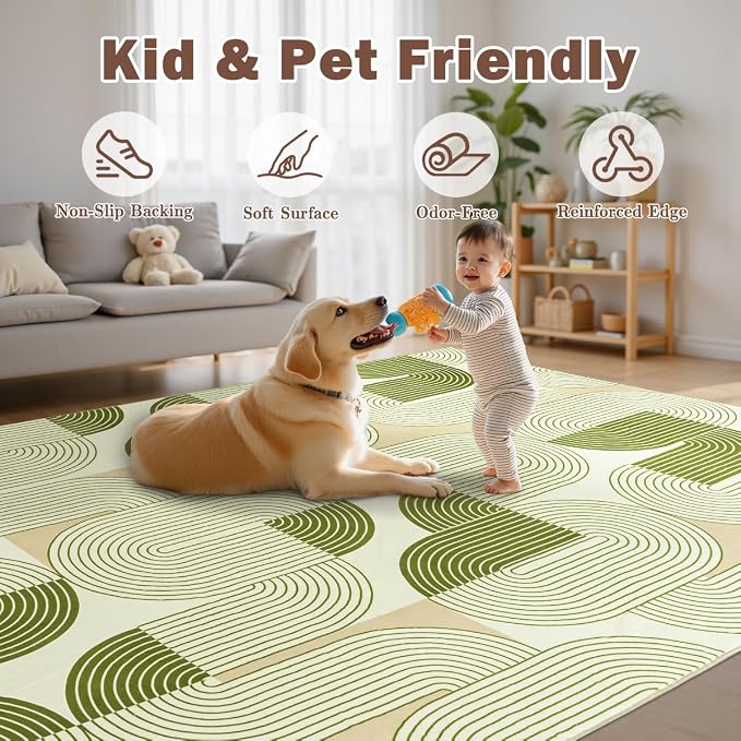 8x10 Area Rugs for Living Room, Washable Soft Green Rug for Bedroom, Mid Century Modern Rug Non Slip, Indoor Floor Boho Low Pile Abstract Carpet for Dining Room Nursery Office Home