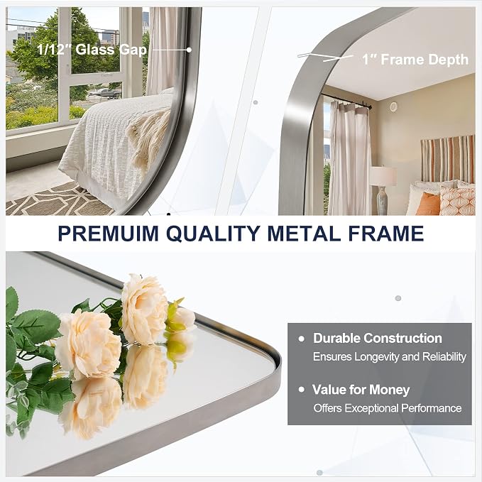 ANDY STAR Brushed Nickel Bathroom Mirror, 30x36’’ Oblong Mirror with Stainless Steel Metal Frame, Silver Oval Vanity Mirror for Over Sink, Modern Anti Rust Wall Mounted