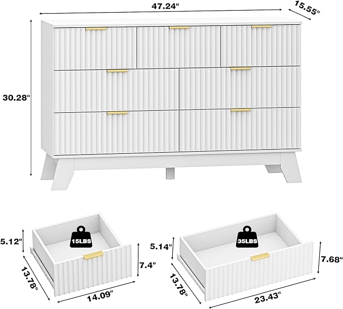 HUANLEGO Fluted Dresser for Bedroom with 7 Drawer, Mid Century Modern Chest of Drawers, 48" Wide Natural Wood Dresser for Closet, Wooden Boho Chest Closet Storage TV Stand for Bedroom, White