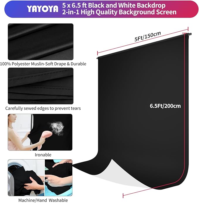 Black White Backdrop Screen with Stand Kit 5x6.5ft for Photo Video Studio, 2-in-1 Revisible Black Backdrop White Screen with T-Shaped Photography Background Support Stand and 5 Clamps