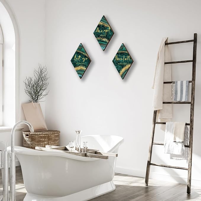 3Pcs Green Gold Bathroom Decor Green Gold Wall Decor with Accept Let Go Have Faith Quote Rustic Vintage Farmhouse Wooden Hanging Signs for Home Laundry Living Bedroom(12x7 inch)