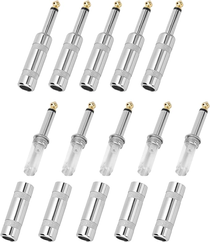 6.35mm 1/4 Inch TS Mono Plug 10 Pack, 1/4" Solder Type DIY Audio Cable Straight Adapter Connector, Metal Housing, Durable and Heavy-Duty for Guitar/Speaker/Microphone Audio Cable Repair Replacement