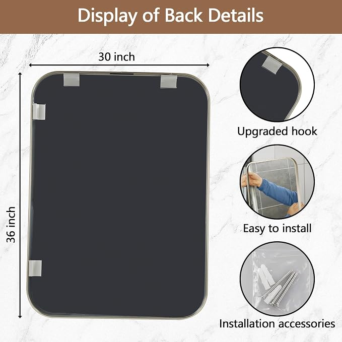 30x36 Inch Brushed Nickel Bathroom Mirror, Framed Rectangle Mirror with Rounded Corner, Brushed Mirror, Silver Bathroom Mirror for Over Sink, Vanity, Living Room, Bedroom, Horizontal/Vertical