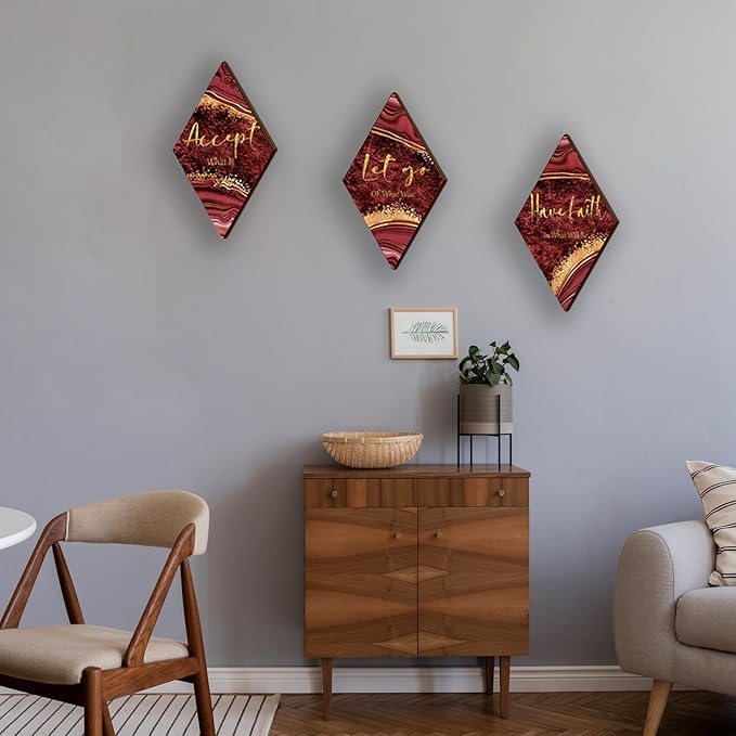 ONIZHITY 3 Pcs Red Gold Bathroom Decor Red Gold Wall Decor with Accept Let Go Have Faith Quote Rustic Vintage Farmhouse Wooden Hanging Signs for Home Living Room Bedroom Office(12x7 Inches)