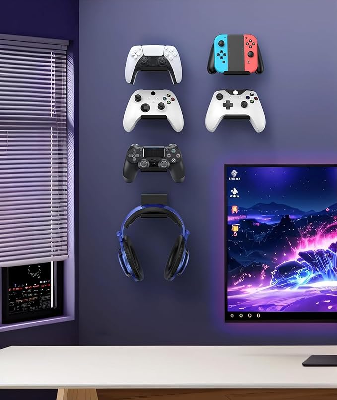 4 Pack Foldable Controller Wall Mount Holder, Xbox Controller Stand , Compatible with Xbox Switch, Adhesive/Screw,Remote Accessories, Keyboard Holder,Wall Mount Storage, Headphone & Headset Hanger