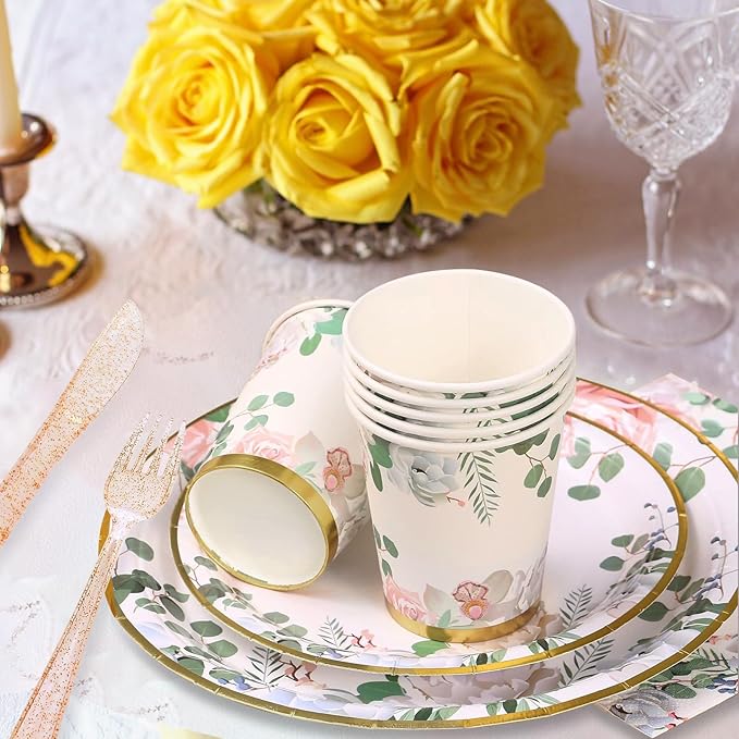 350 PCS Floral Plates and Napkins Party Supplies Serve 50 Flower Disposable Paper Dinnerware Sets for Adults Bridal Shower Decorations Baby Shower Birthday Wedding Engagement Tea