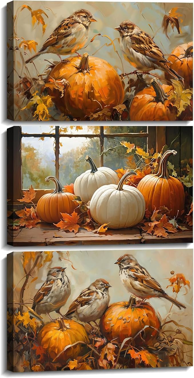 YMXDYMJSW Autumn Wall Art 3 Pieces Pumpkin with Sparrows Picture Prints Fall Harvest Birds Canvas Painting Thanksgiving Theme Artwork for Farmhouse Decor Frame (Gold,16.00" x 24.00" x 3PCS)