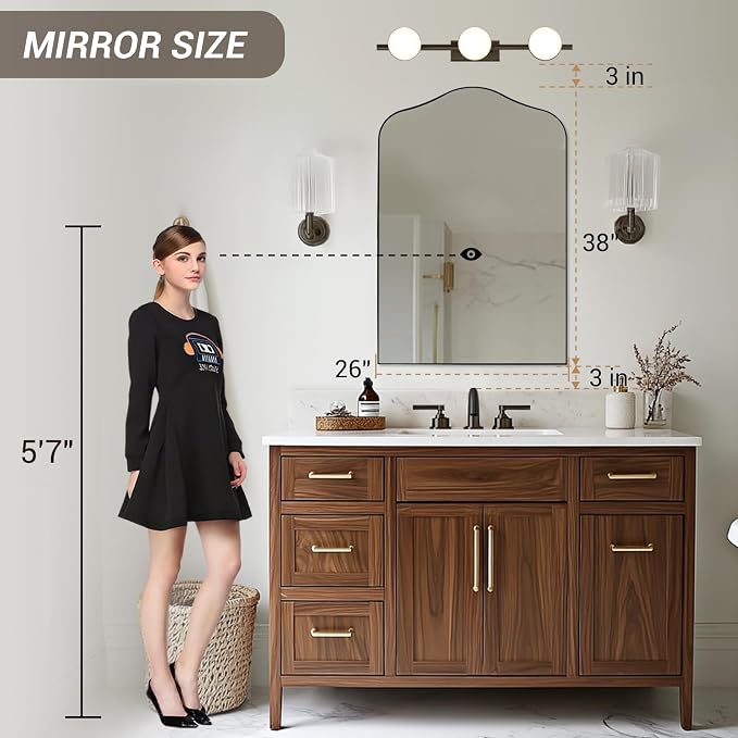 ANDY STAR Scalloped Arched Mirror, 26x38 Matte Black Irregular Wall Mirror for Bathroom Vanity Decorative, for Entryway, Fireplace, Mantel, Rustproof, Stainless Steel Frame