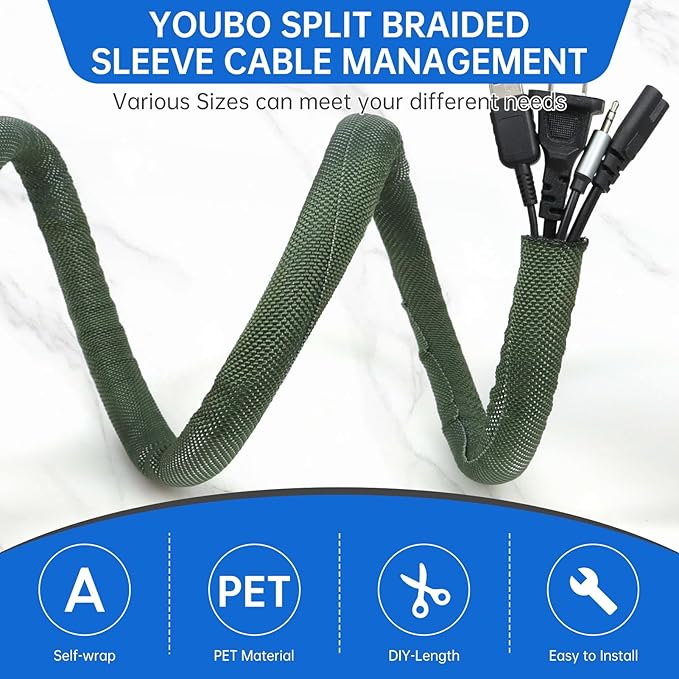YOUBO Split Braided Cable Sleeve，Flexible Wire Loom Tubing, Automotive Cord Protector Pet Proof, Cable Management for Computer TV Electric Wires Harness 16ft (Dark Green, 10mm（3/8")